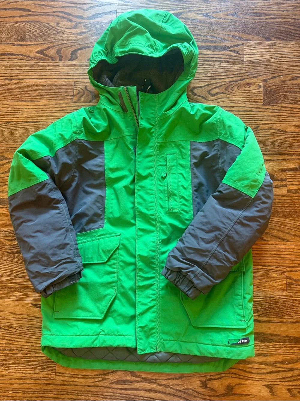 Lands' End Bright Green and Gray Hooded Puffer Jacket